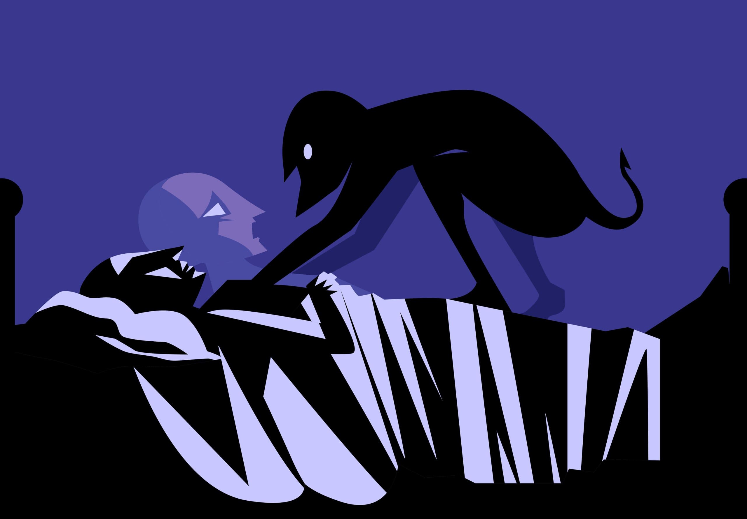 Cartoon image of a dark demon sitting on top of a sleeping person's chest.