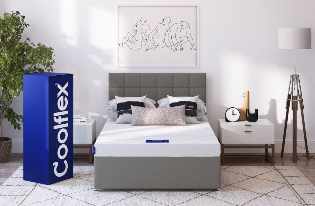 White bedroom with a Coolflex Essentials™ Memory Foam Mattress on top of a divan base