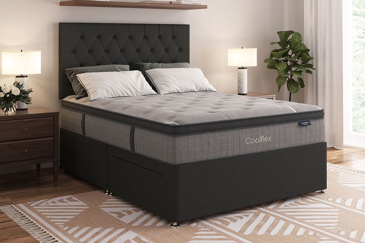 Image of a divan bed with the coolflex ice mattress on it, in a bedroom setting.