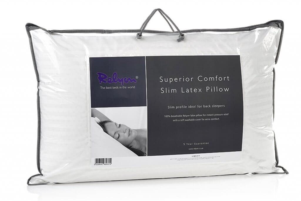 A packaged Relyon Superior Comfort Slim Latex Pillow