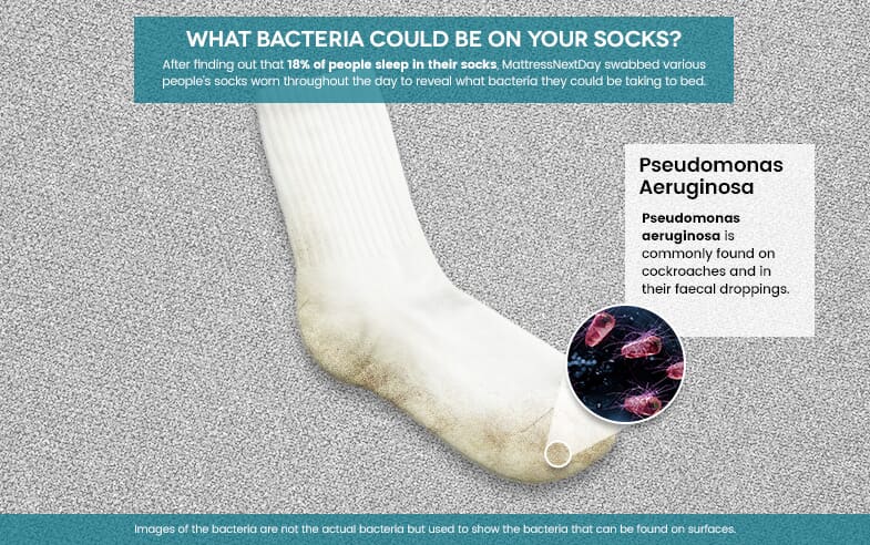 Infographic of a dirty white sock displaying information that bacteria called Pseudomonas Aeruginosa was found on the socks studied.