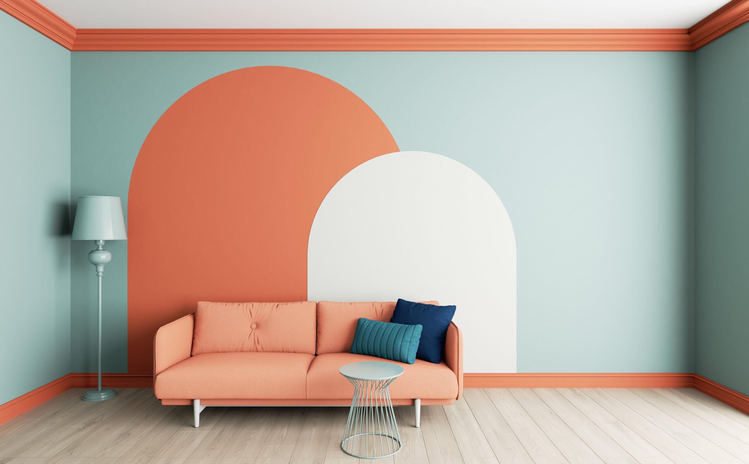 Living room with modern TikTok arch trend painted on wall in colour.