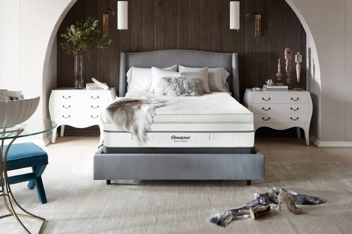 Image of the luxury Beautyrest Boutique Providence mattress in a stylish, grey, modern bedroom.