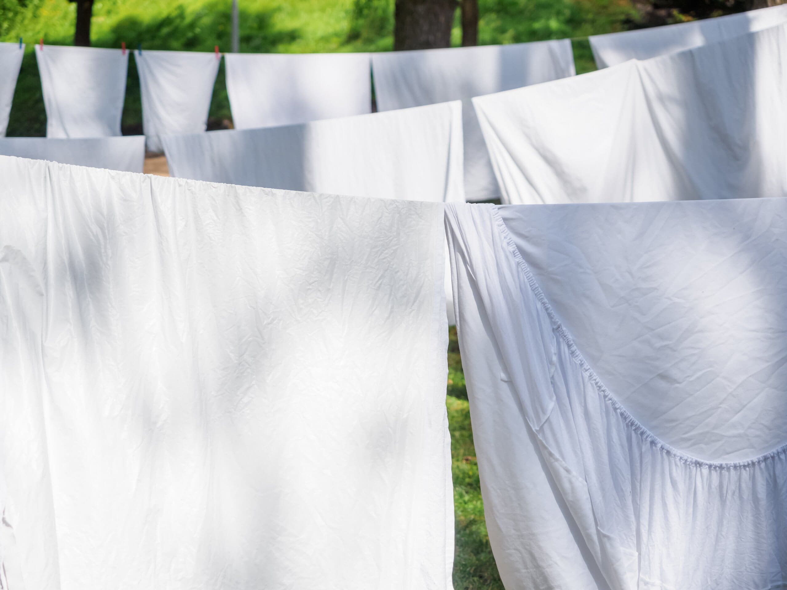 Fresh white bed sheets hanging on a washing line outside.