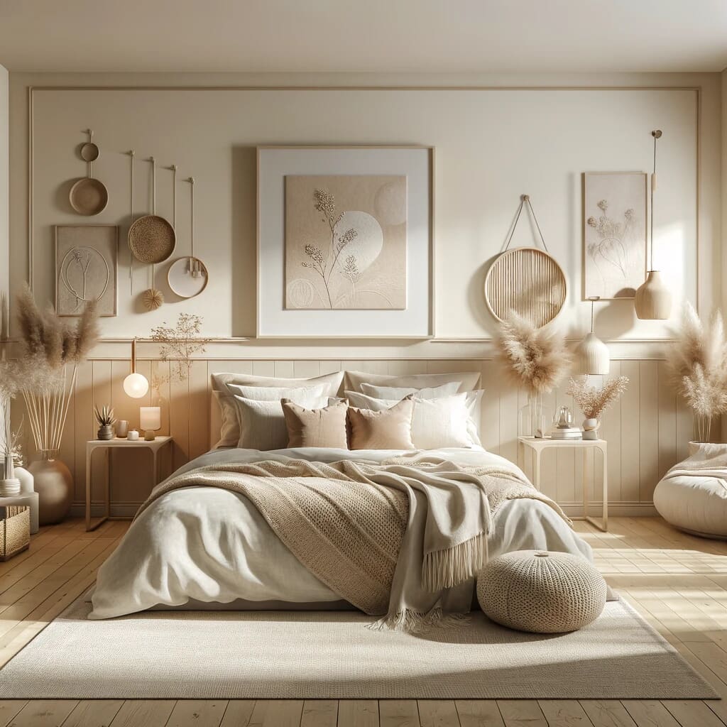 AI image of beige bedroom idea.
