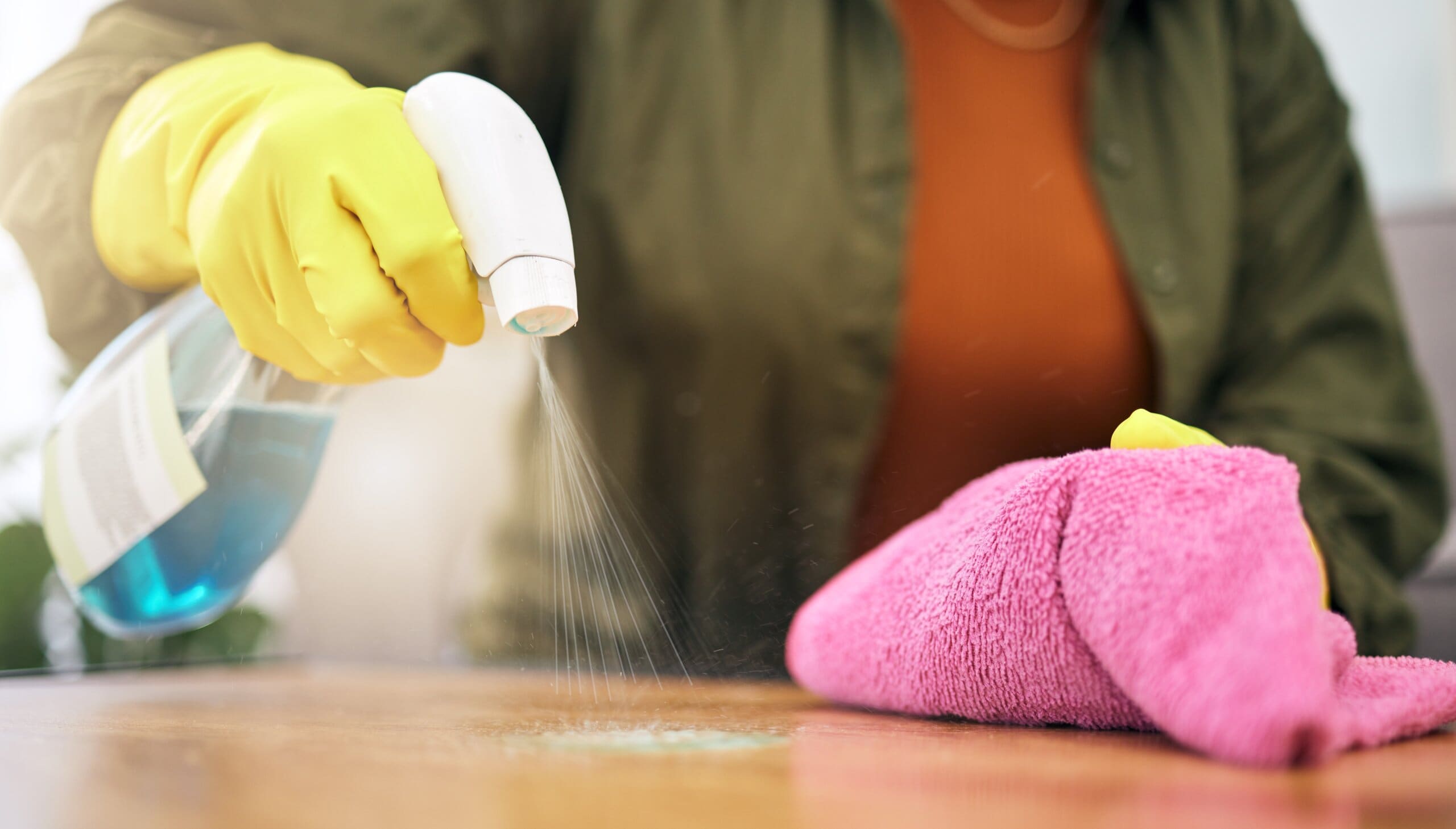 Close up of hands with gloves on holding a spray bottle, cleaning a wooden surface.
