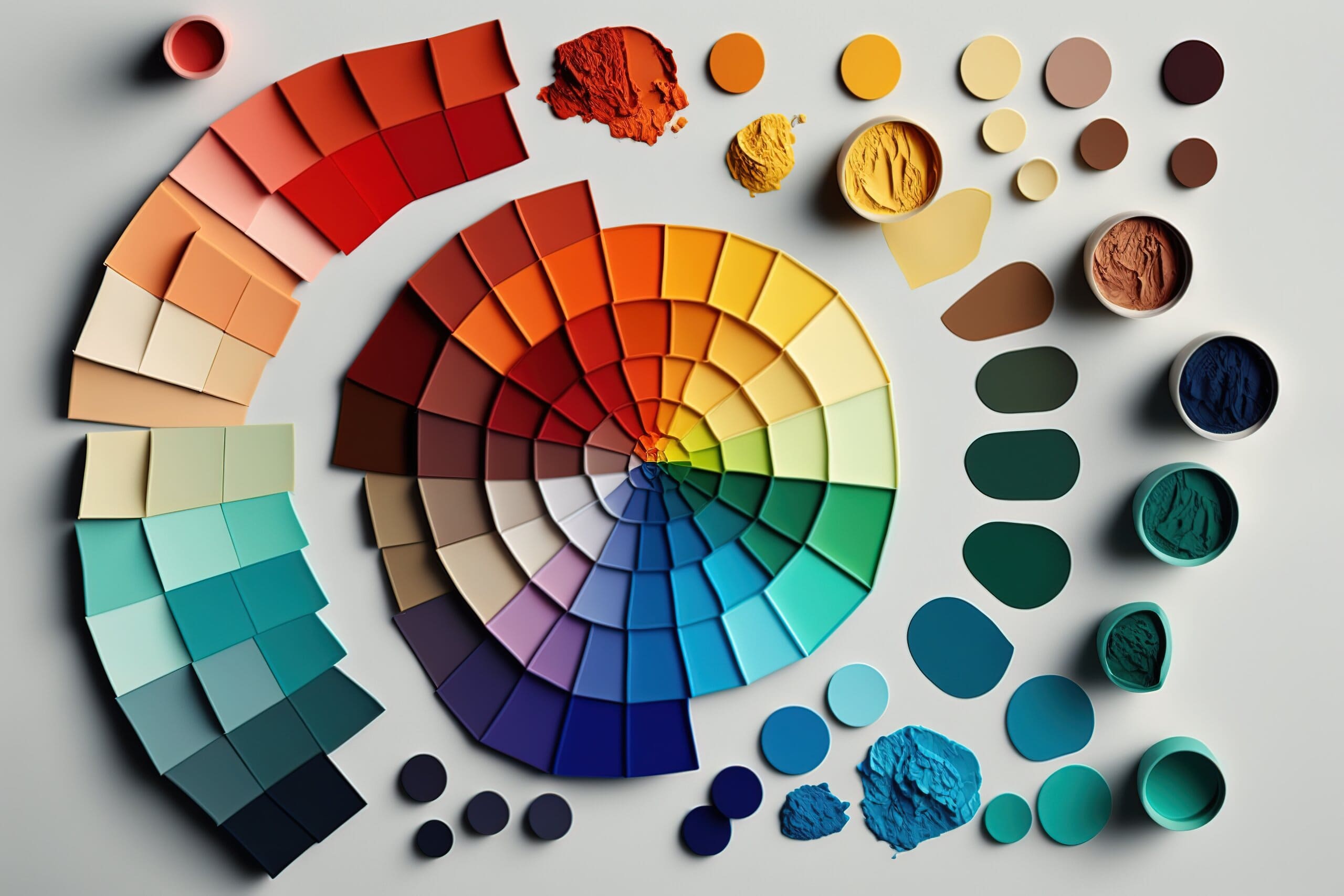 Image of paint and colour cards layed out to demonstrate the colour theory wheel.