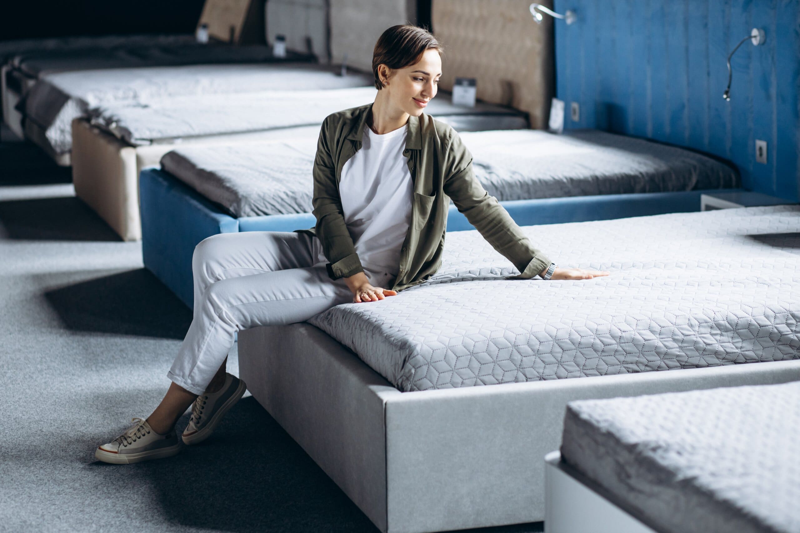 Woman sitting on and testing a mattress in a bed showroom.