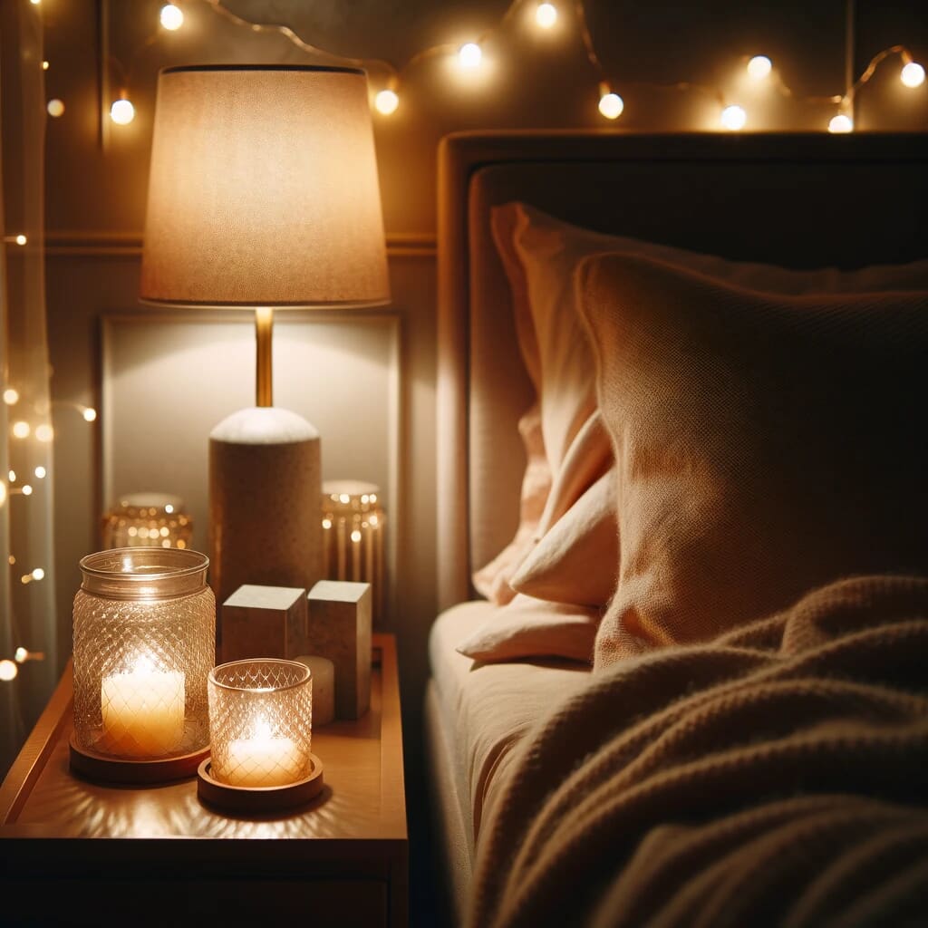Bedside table in cosy bedroom with candles and fairy lights.
