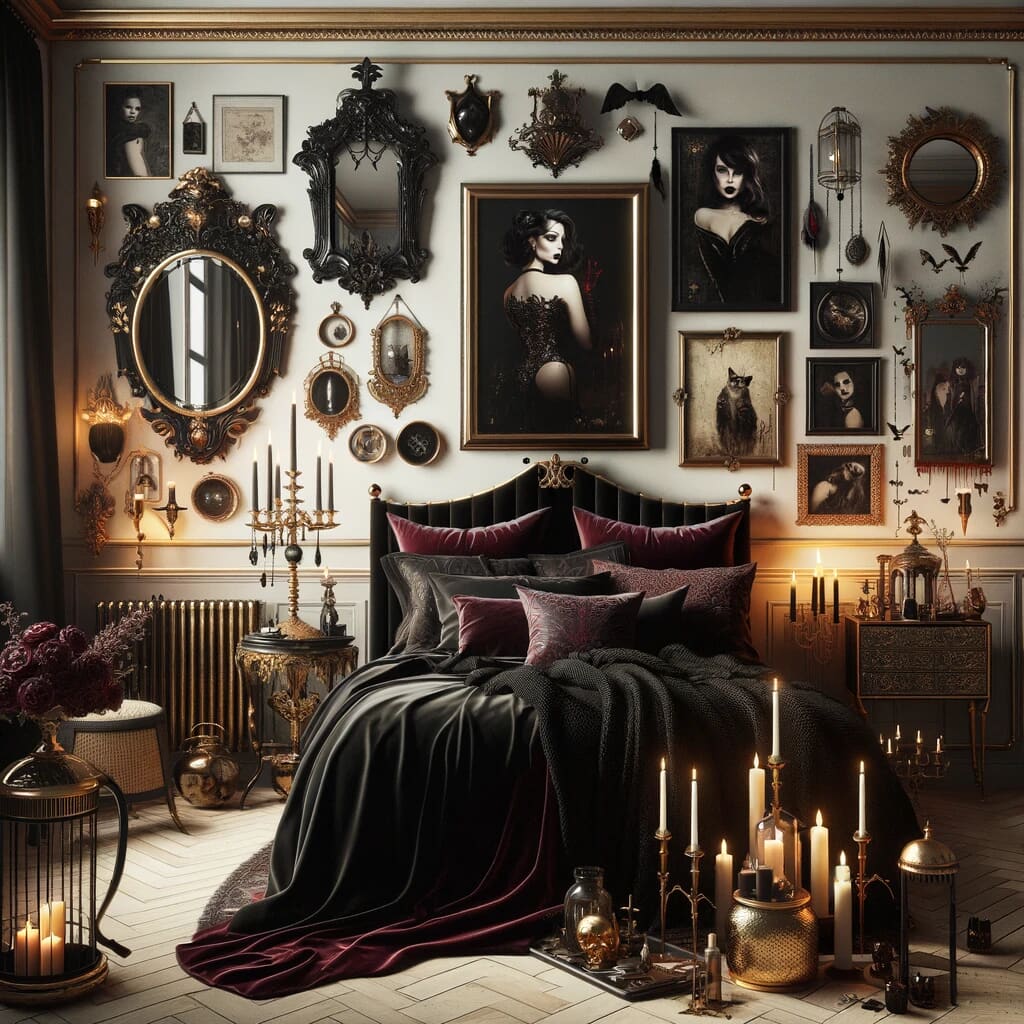 AI image of a dark feminine core bedroom aesthetic.