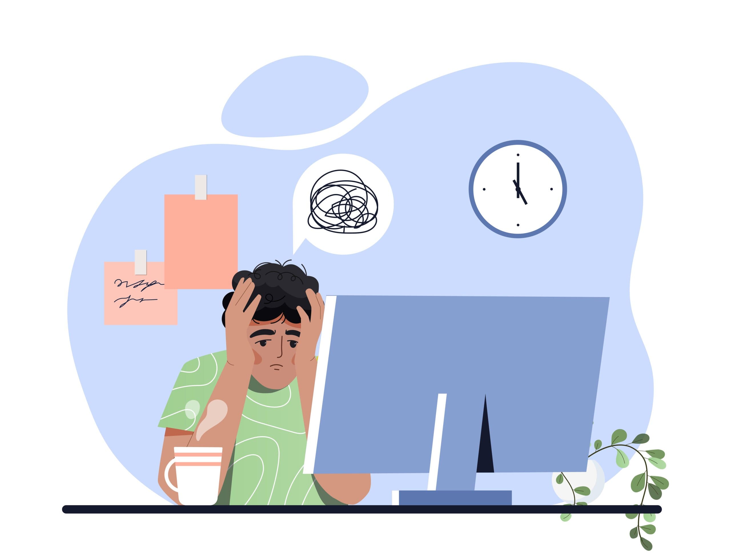 Cartoon image of tired man at work desk.
