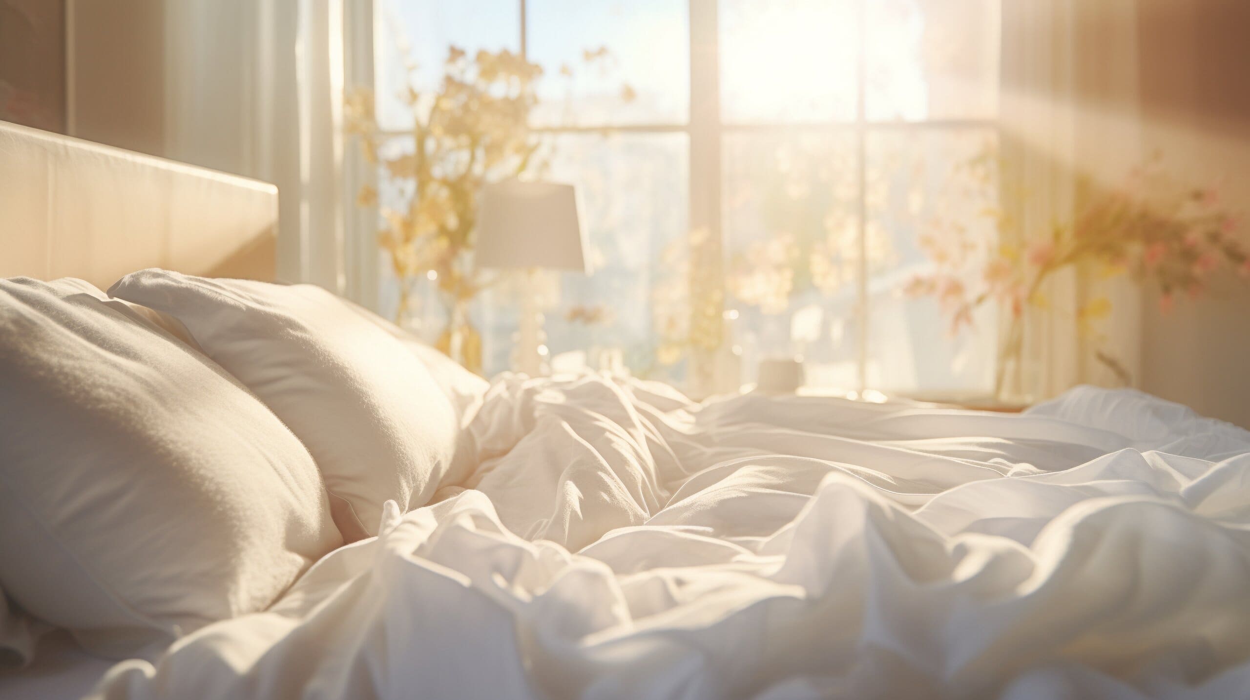 Image of a messy white bed with sunlight coming through a window.