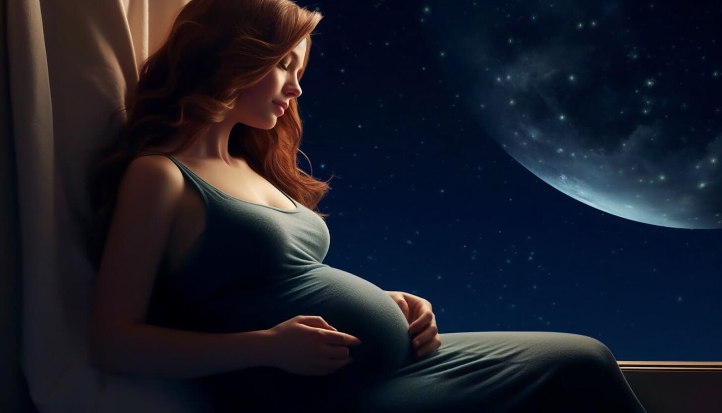 Pregnant red haired woman holding her belly with the moon in the background.