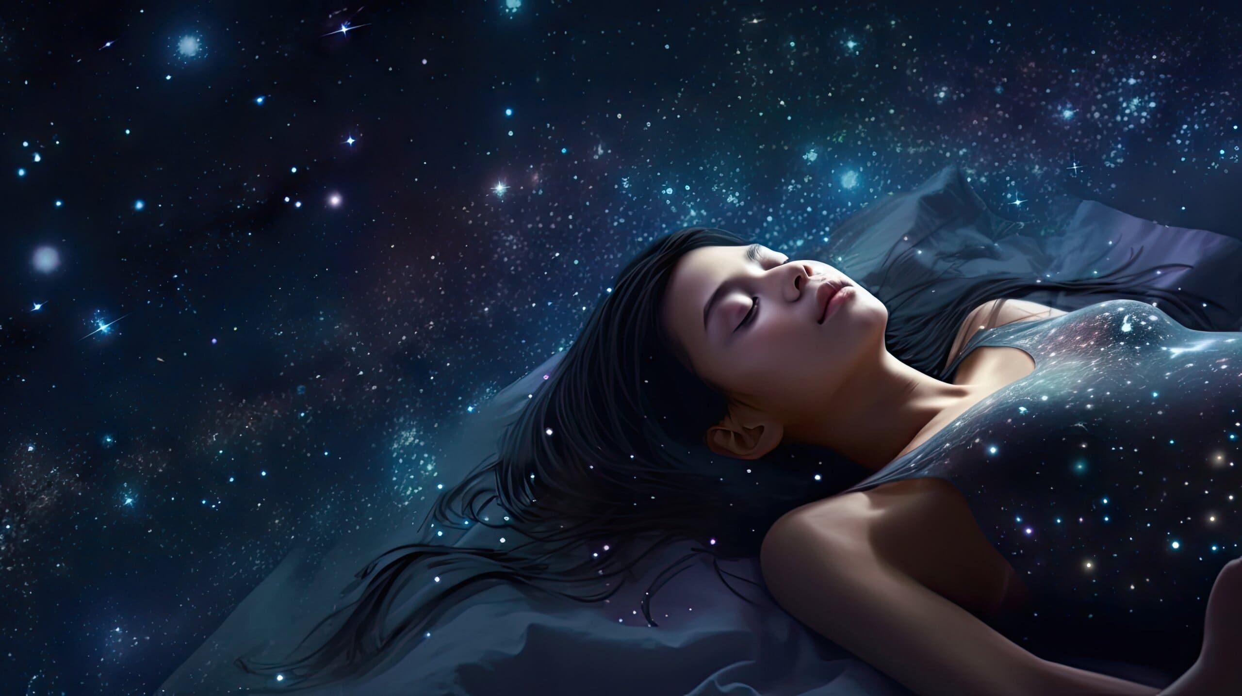 Young girl asleep with galaxy background all around her, and on her t shirt.