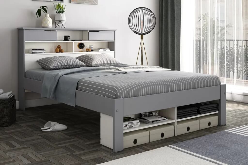 Image of high storage bed with under bed storage area and built in drawers.