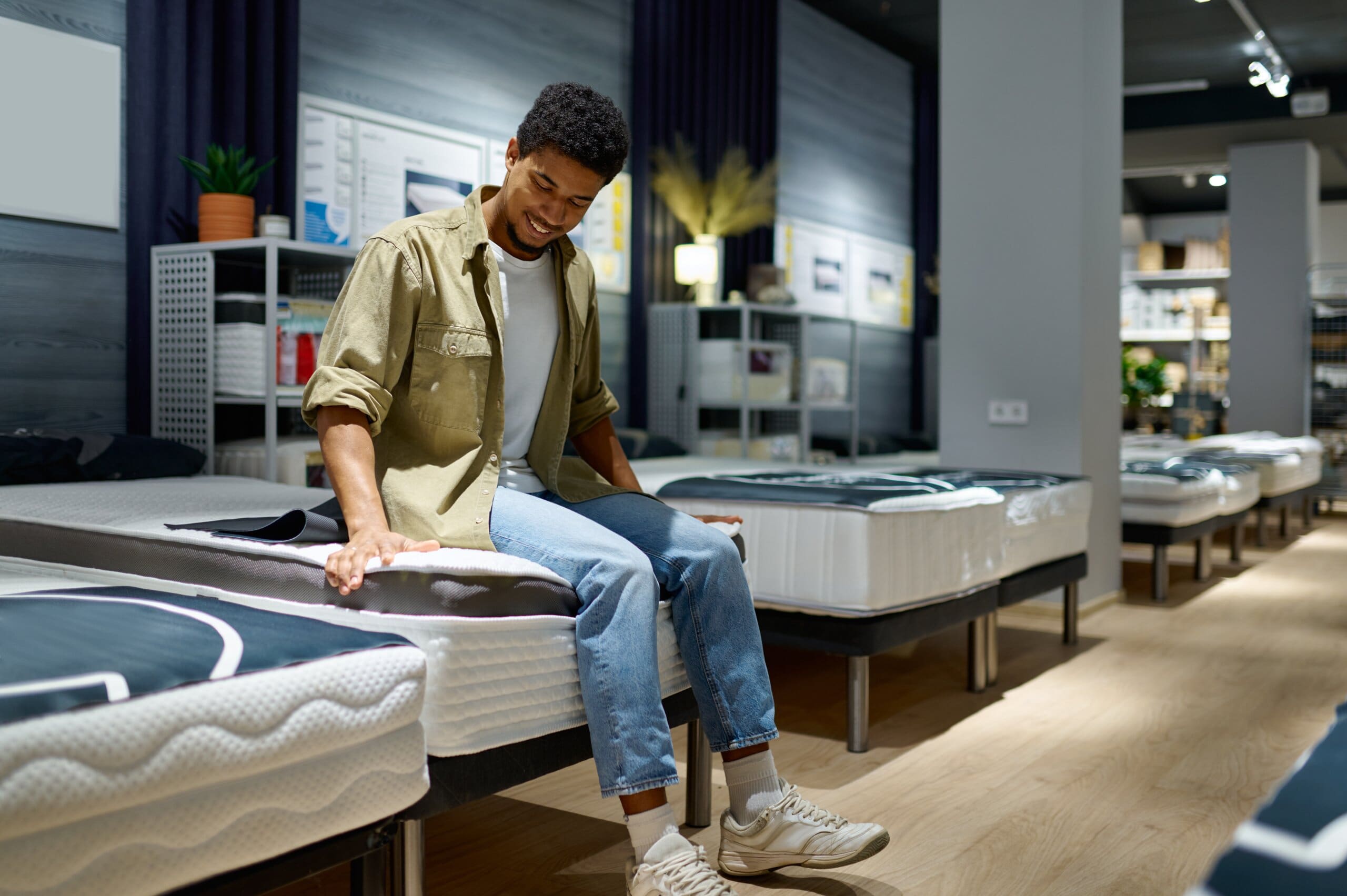 Man testing mattresses in a bed showroom.