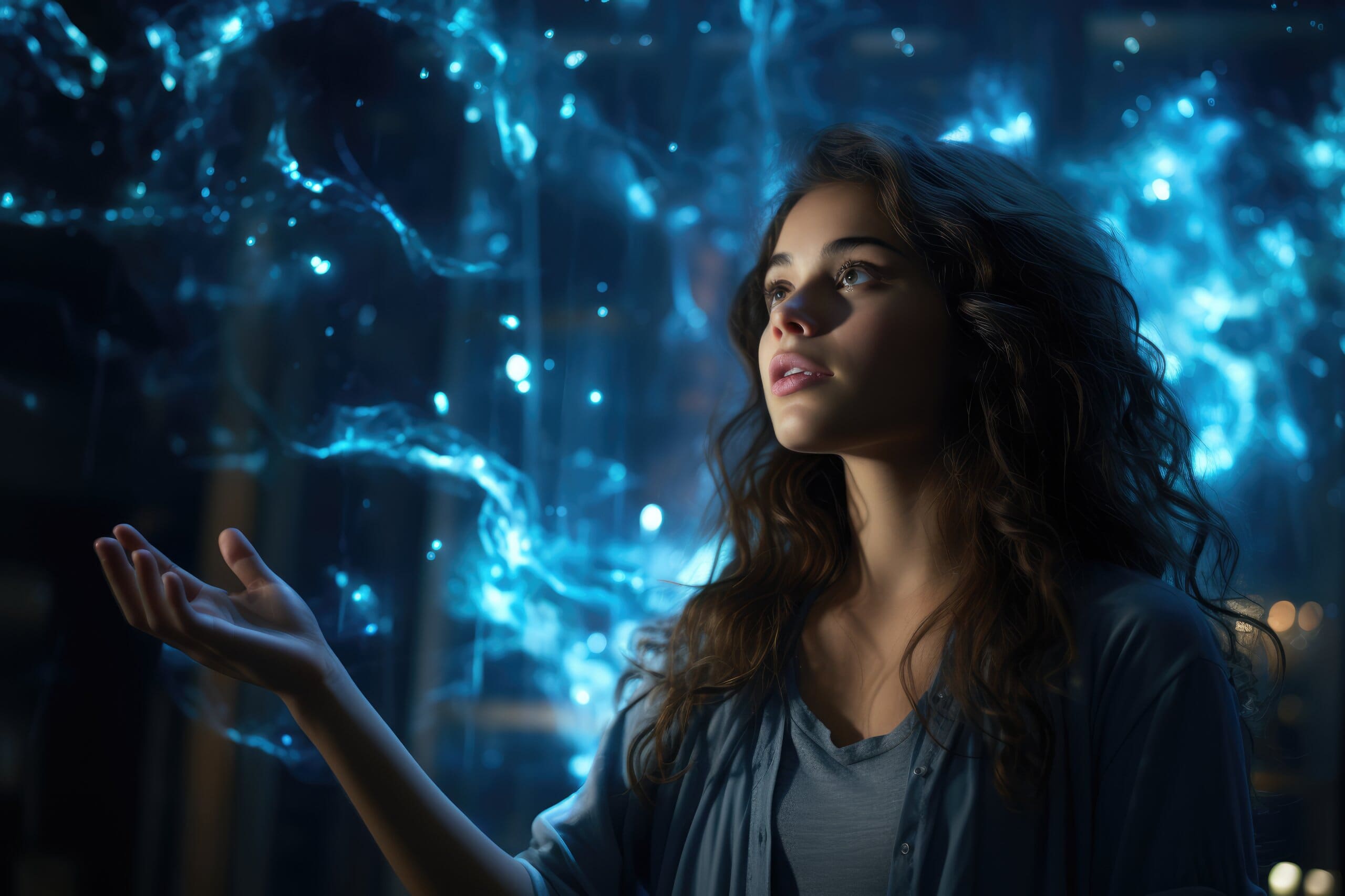 Woman having a lucid dream interacting with her surroundings.