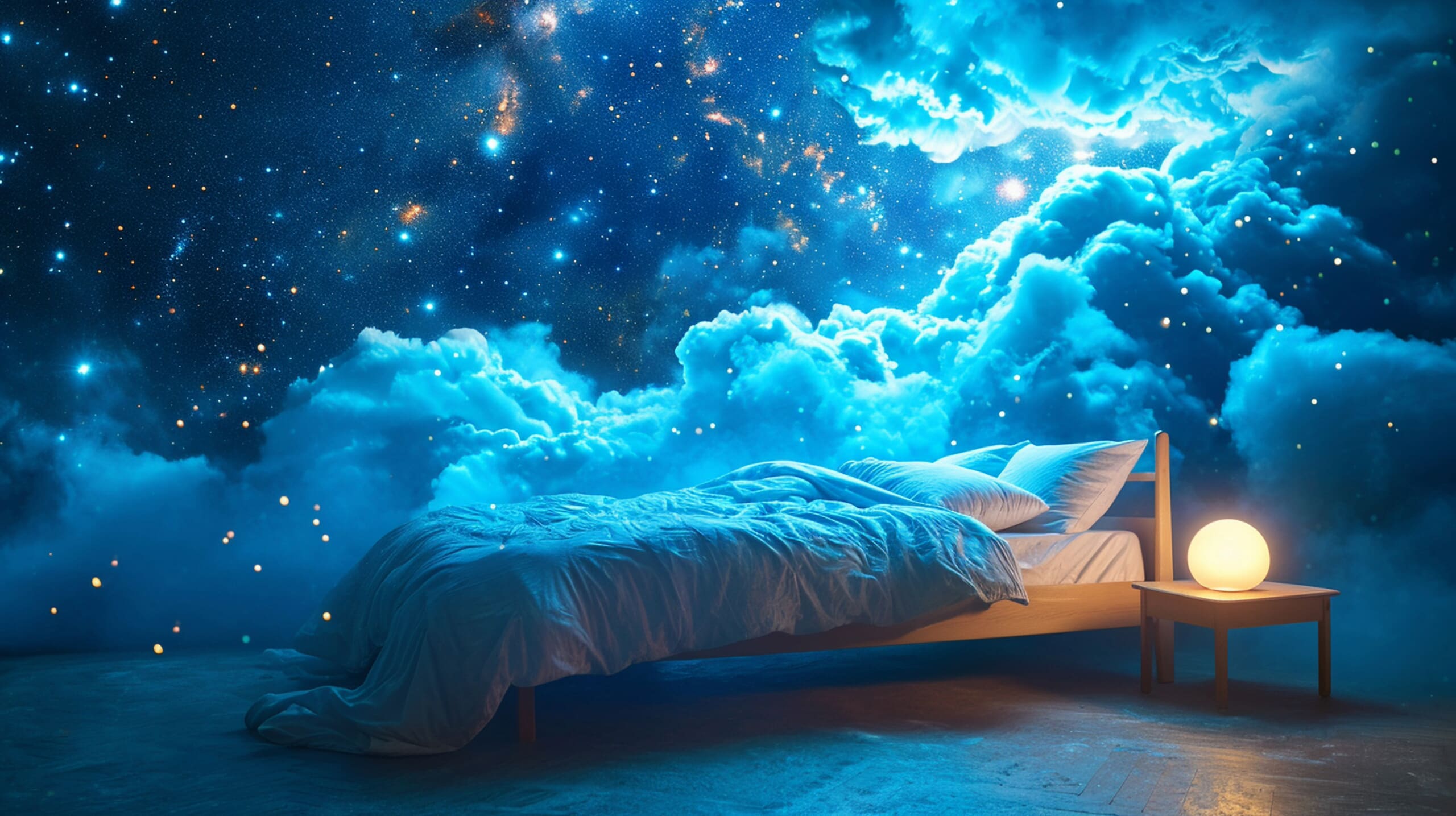 Bed and bedside table surrounded by clouds and space.