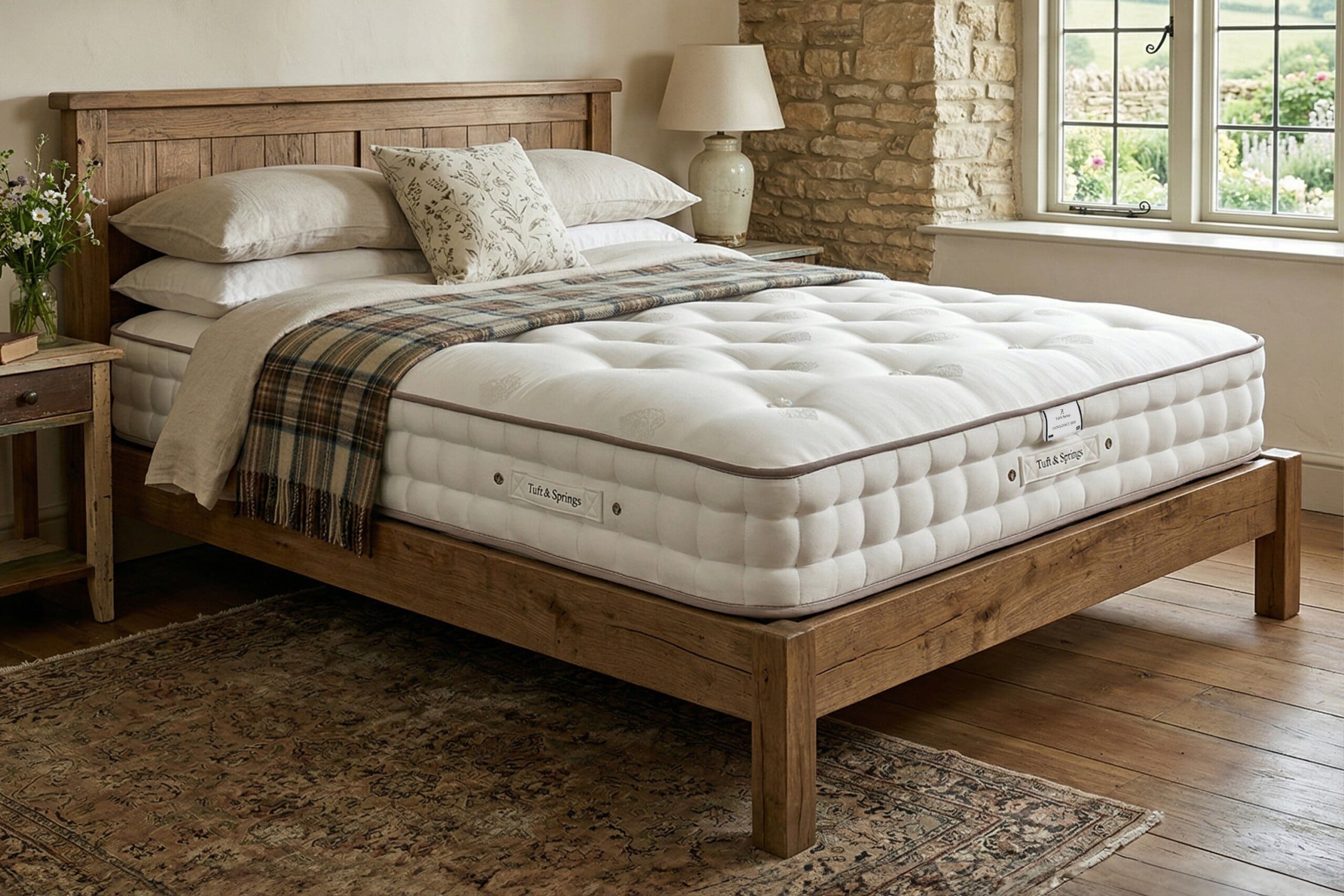 Image of the Indulgence mattress on a homely looking wooden bed frame in a rustic, cosy themed bedroom.