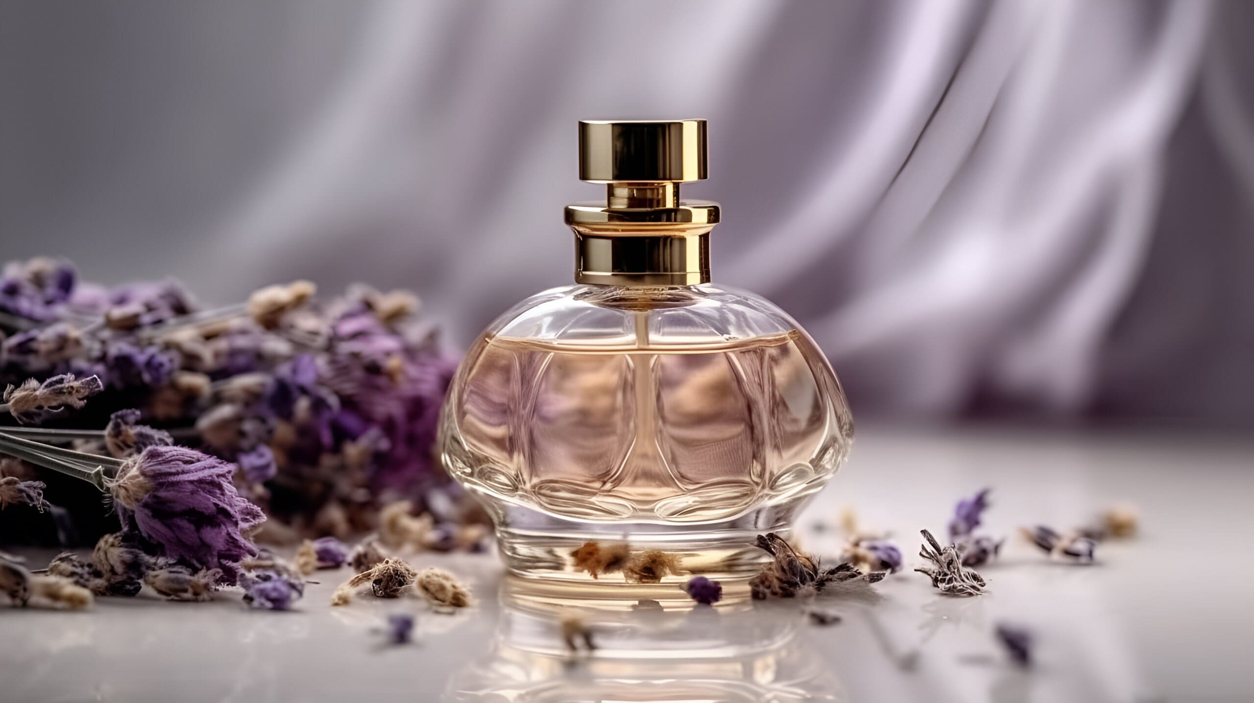 Glass perfume bottle with lavender petals surrounding it.