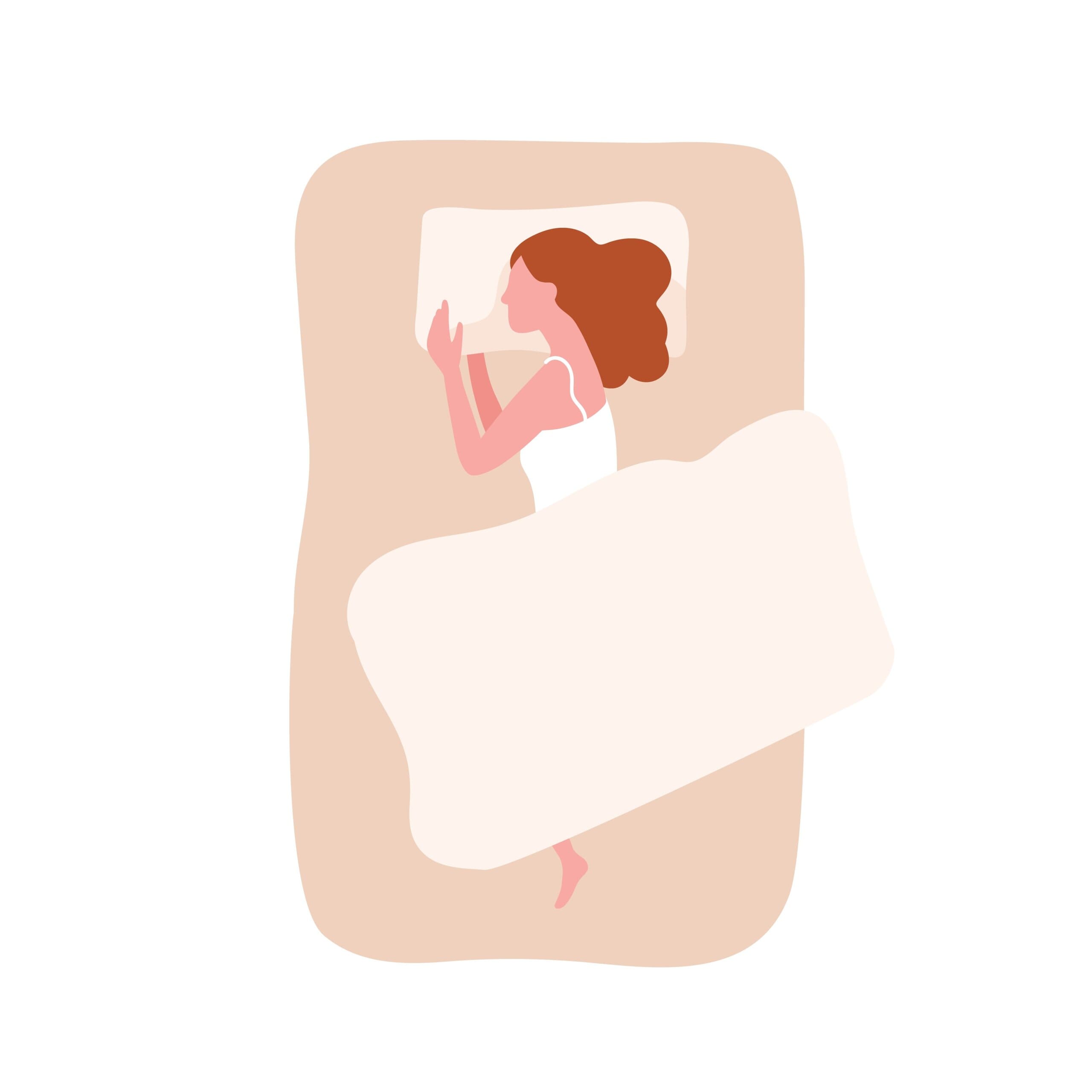 Cartoon of woman sleeping on her side with blanket over her.