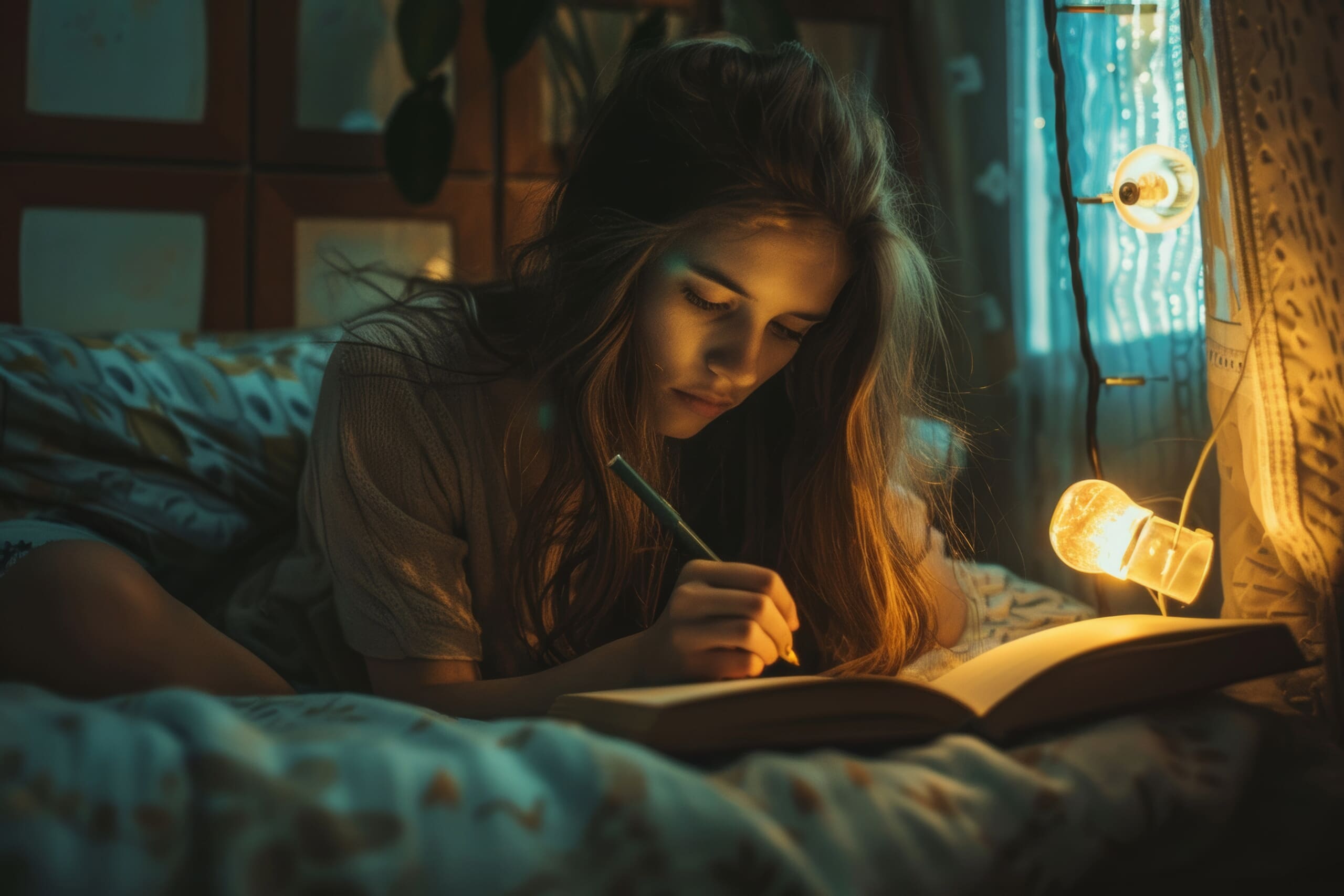 Girl journalling in bed keeping a dream journal.
