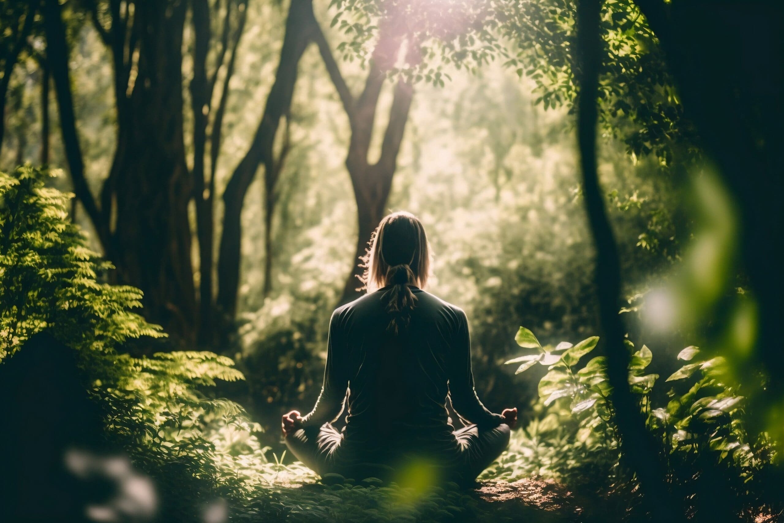 Woman sat in meditation position in the middle of the woods.