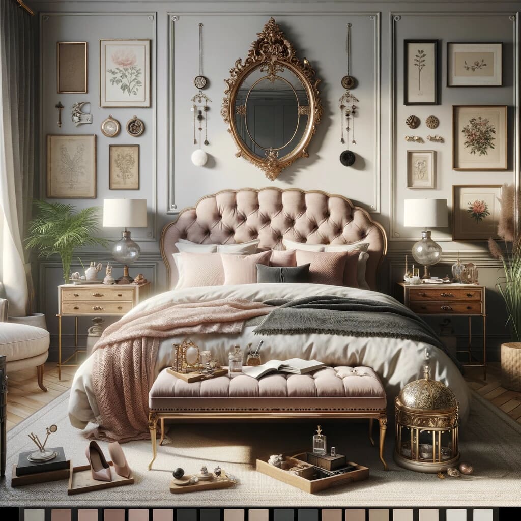 AI image of luxury old money inspired bedroom with grand features.