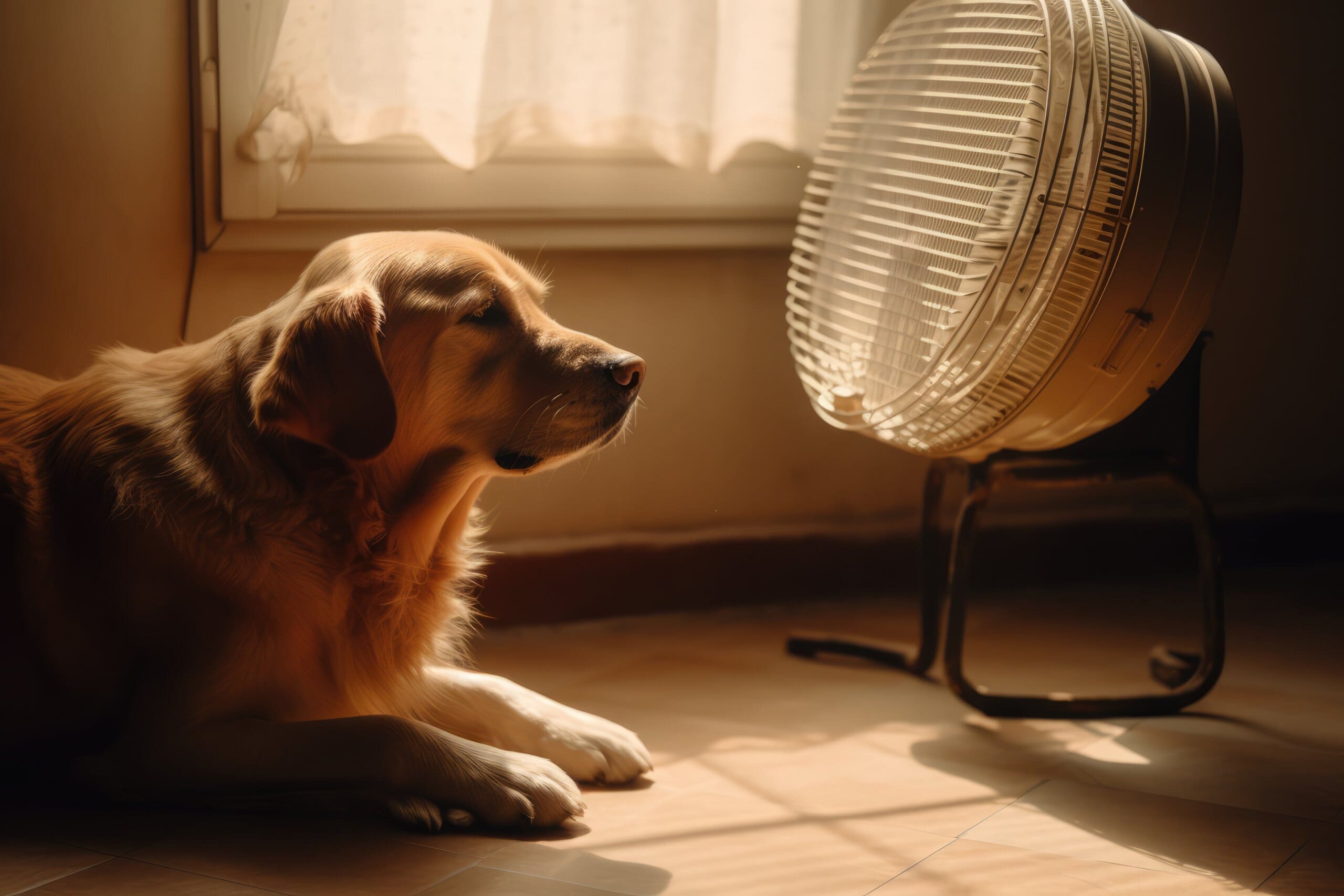 Golden retriever sat in front of a fan trying to cool down.
