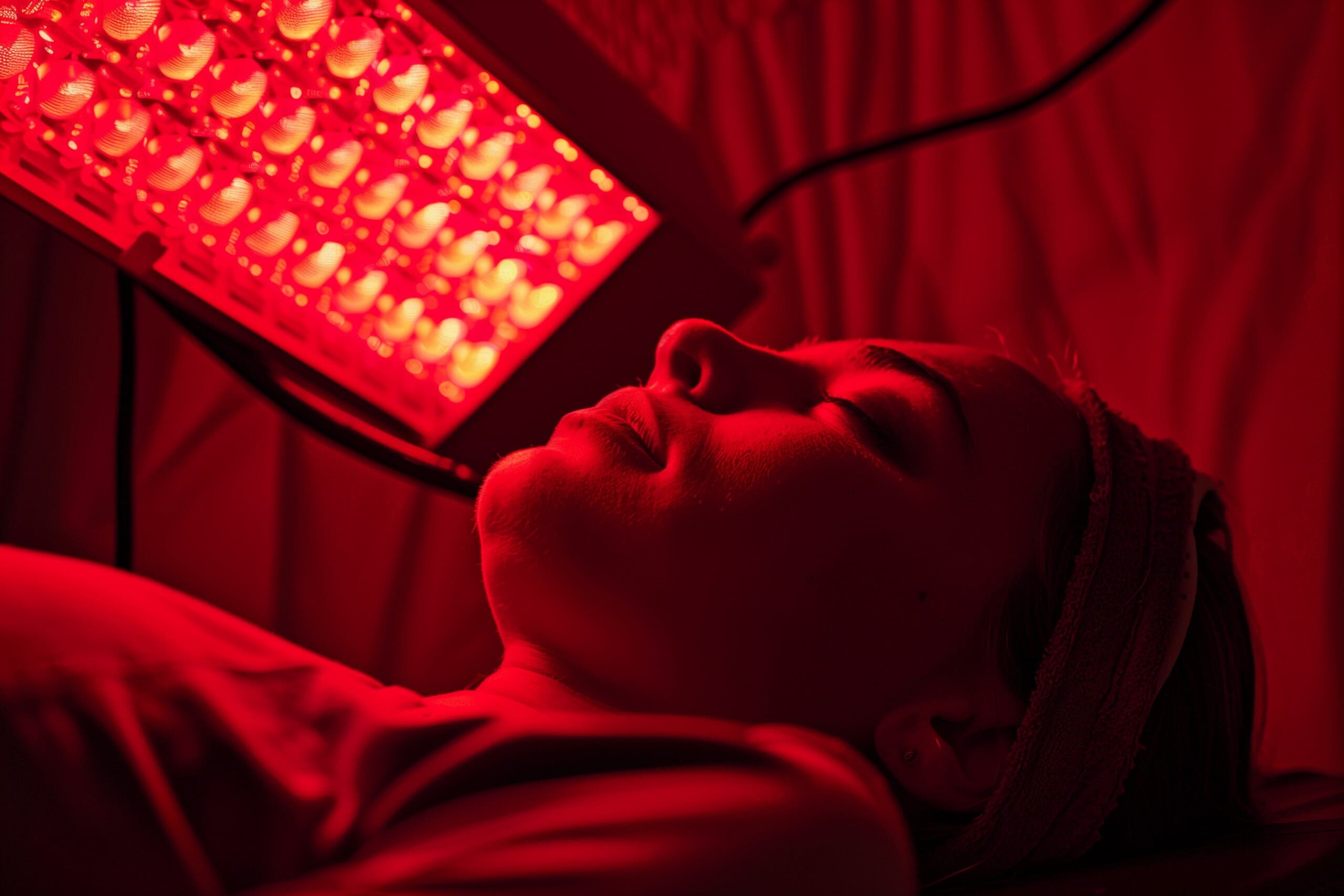 Woman laying with eyes closed with a red lamp light over her.