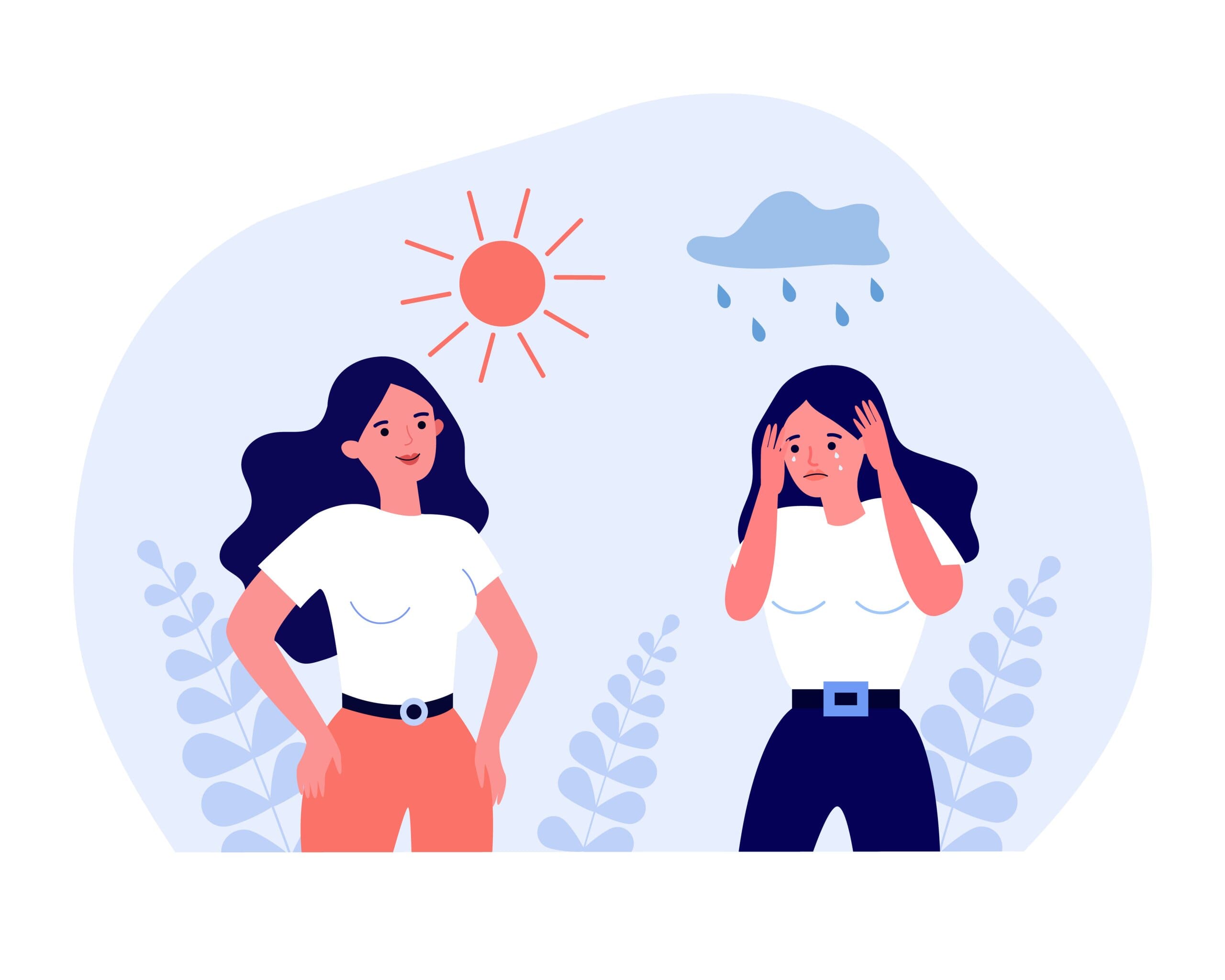 Cartoon image of a girl smiling under a sun and then sad under a rain cloud.