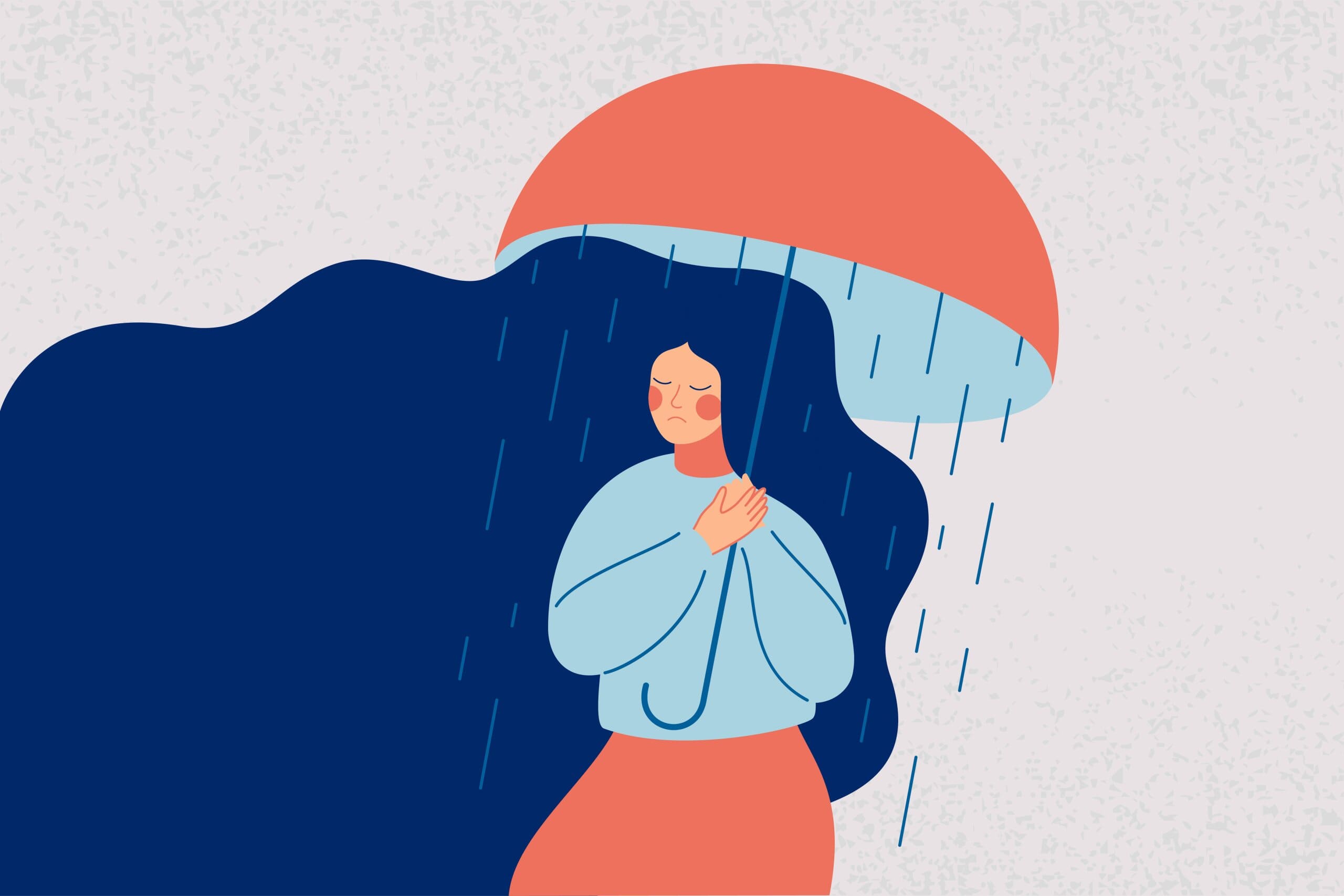 Cartoon image of a sad woman holding an umbrella. Rain is falling on her from within the umbrella, representing an inner sadness.