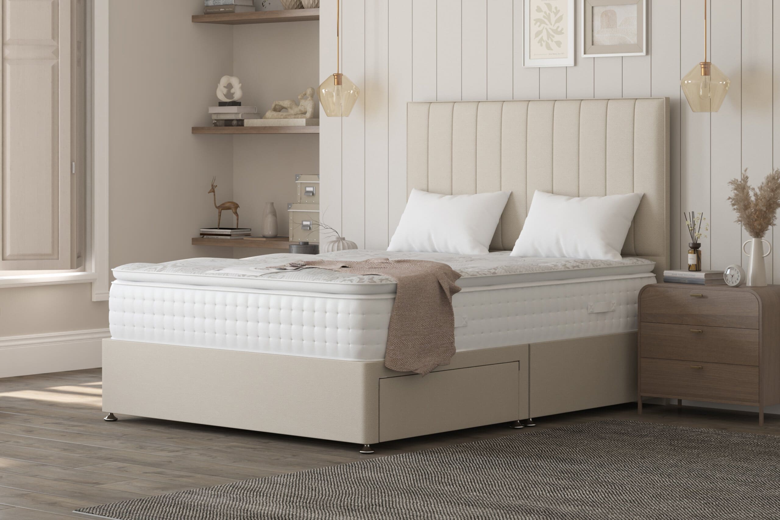 Image of the Sanctuary Spa Mattress on a cream divan bed in a bedroom with cream and beige interior.