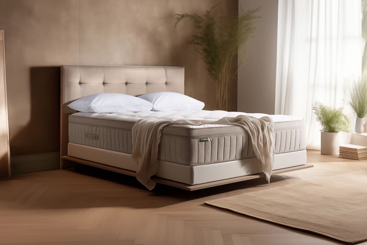 The Simba Apex mattress on an earth-toned bed in a neutral-coloured bedroom setting.