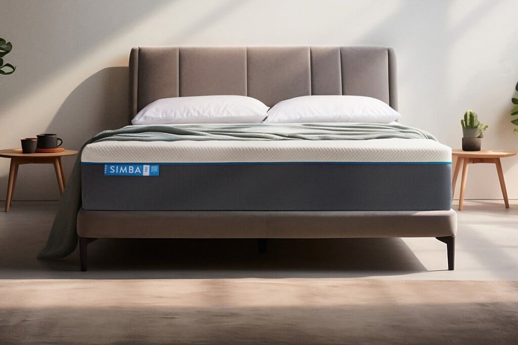 Image of the Simba Hybrid Pro mattress ona grey bed frame in a modern looking bedroom.