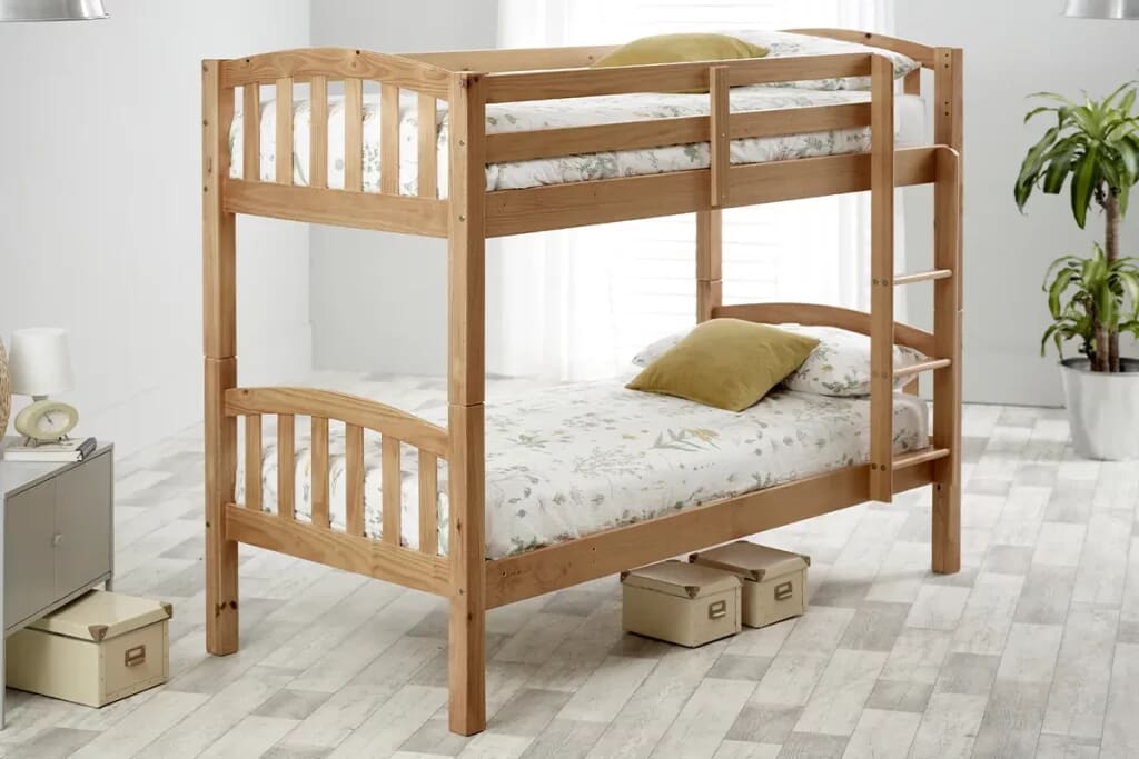 Image of wooden bunk bed classic design in children's bedroom.