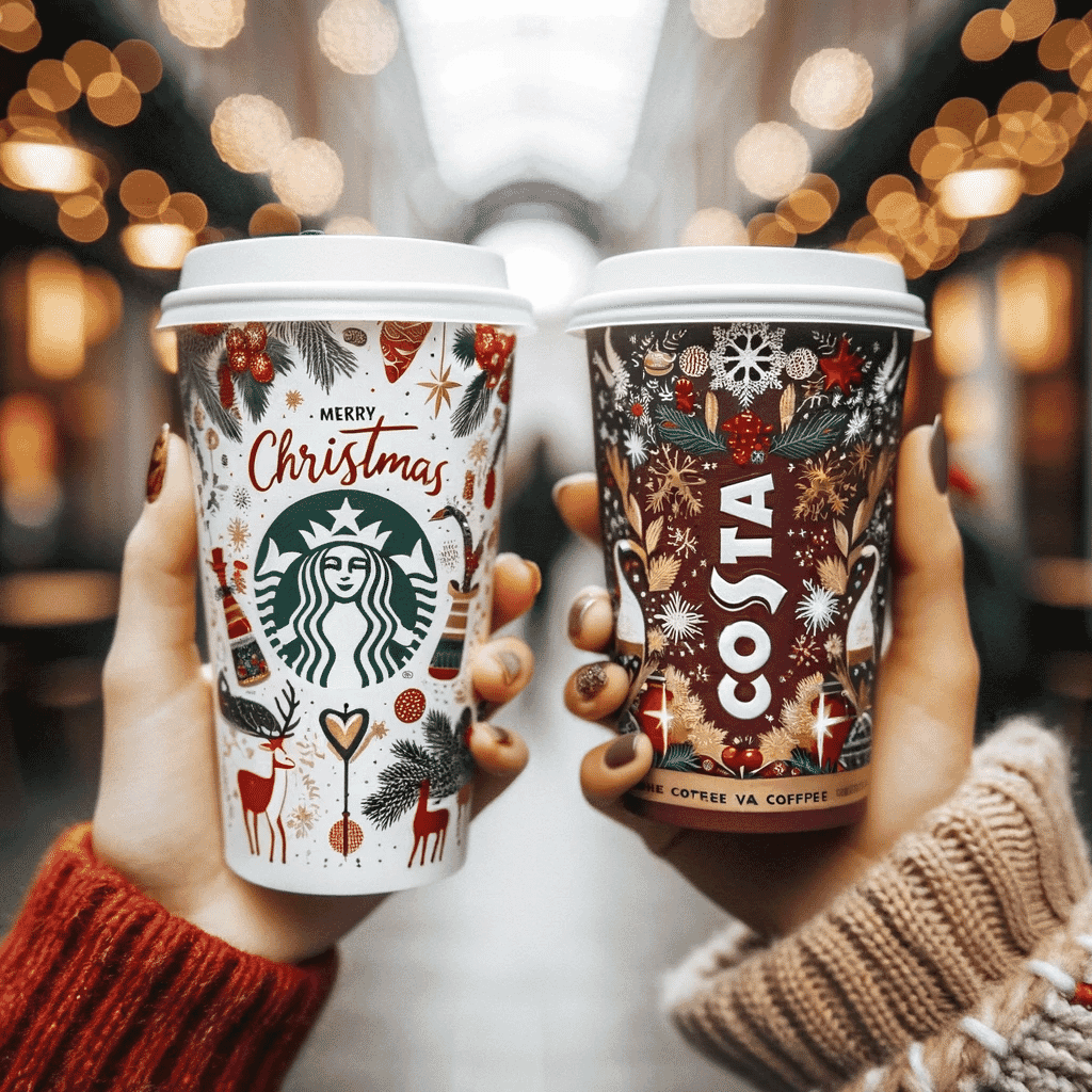 Women's hands holding a Starbucks cup and a Costa cup.