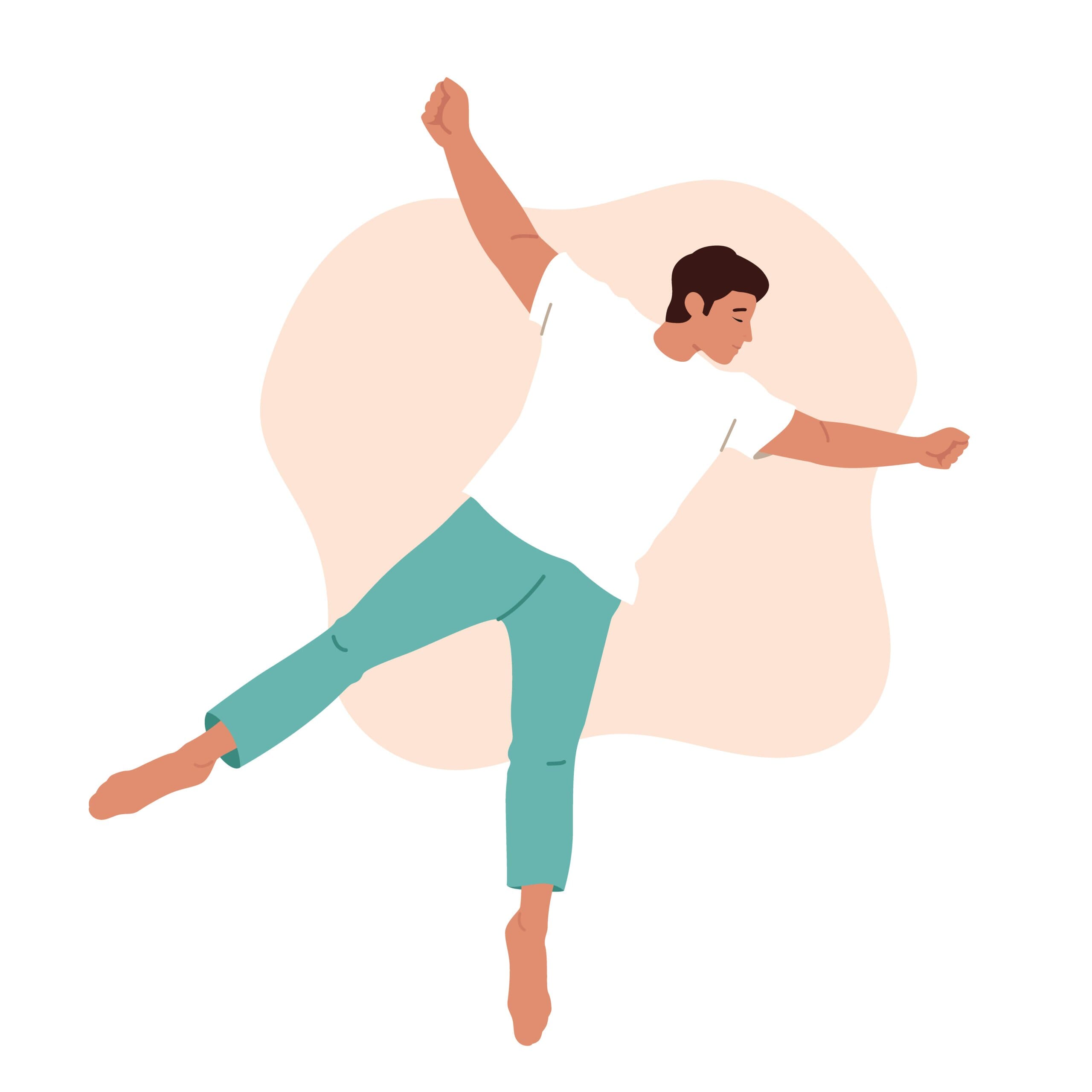Cartoon man sleeping on back in starfish position.