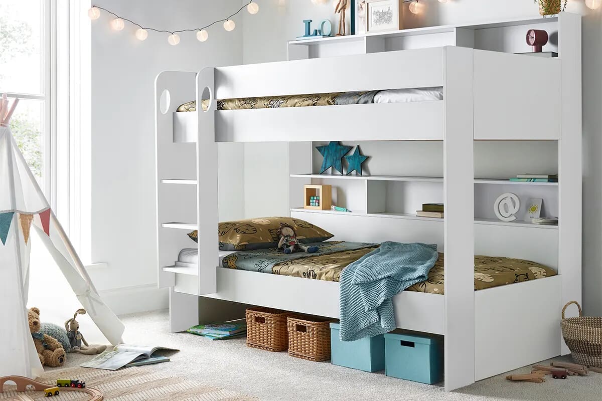 Image of white storage bunk bed in children's bedroom.