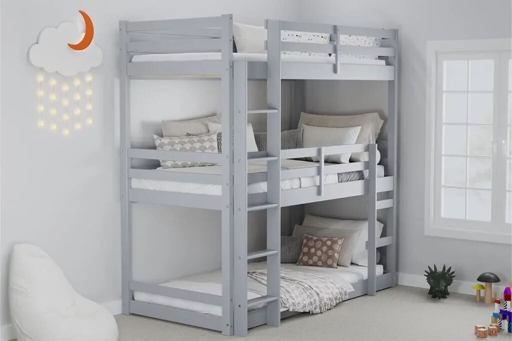 Image of grey triple bunk bed in children's bedroom.