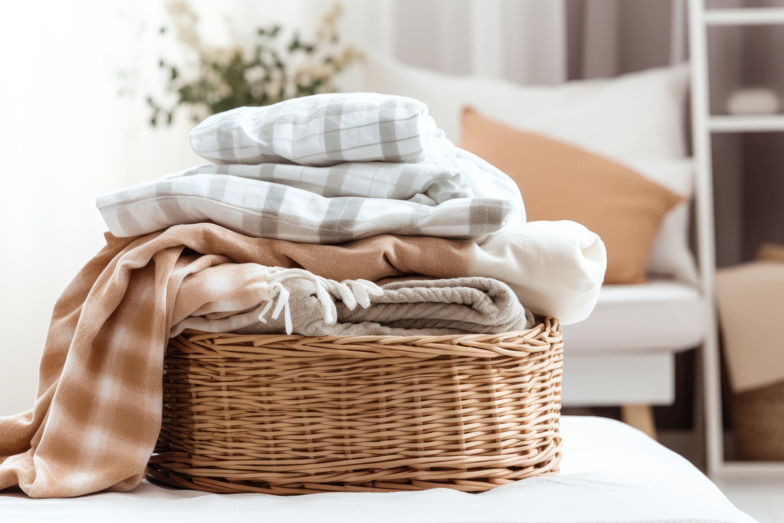 Laundry basket of clean, folded bedding.