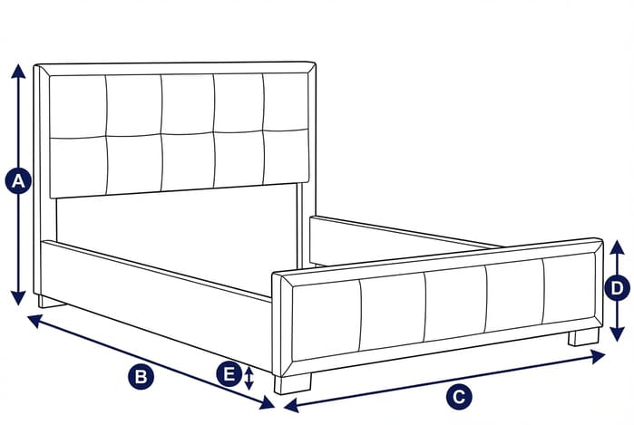 Diagram showing dimensions of the Hannover Grey Fabric Bed with labeled height, width, and depth