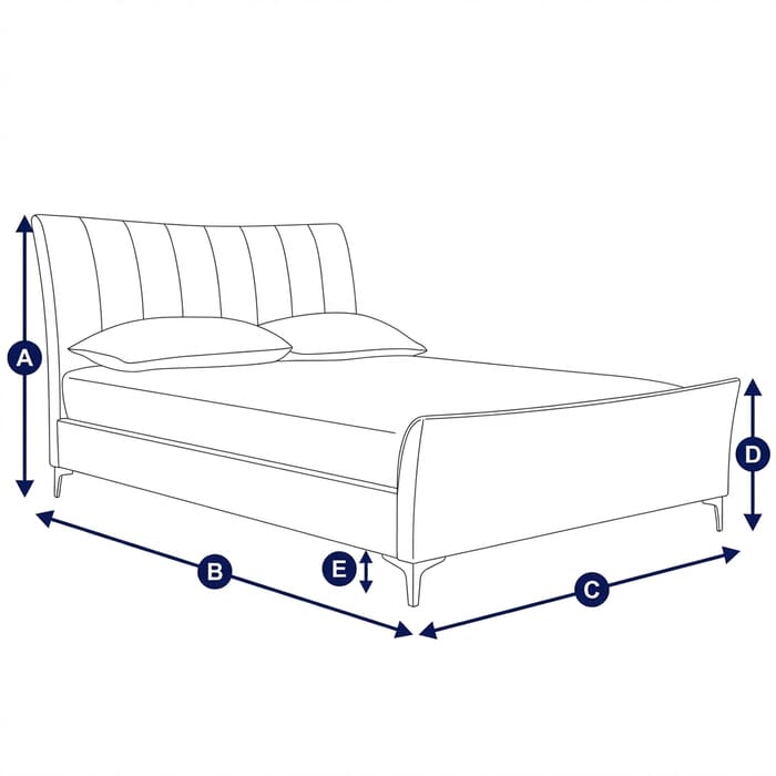 Diagram showing dimensions of the Clover Green Fabric Bed with labeled height, width, and depth