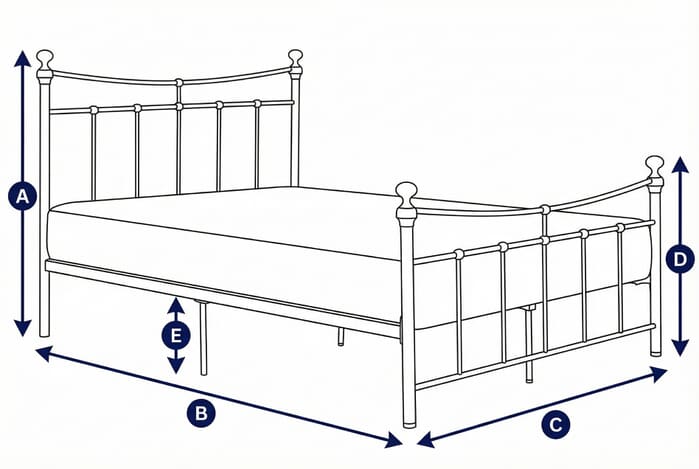 Diagram showing dimensions of the Emily Black Bed with labeled height, width, and depth