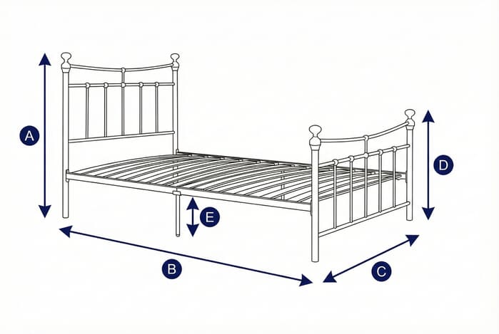 Diagram showing dimensions of the Emily Cream Bed with labeled height, width, and depth