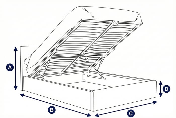Diagram showing dimensions of the Herringford Wooden Ottoman Bed with labeled height, width, and depth