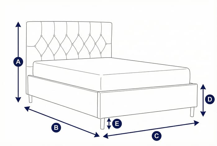 Diagram showing dimensions of the Loxley Blue Ottoman Bed with labeled height, width, and depth