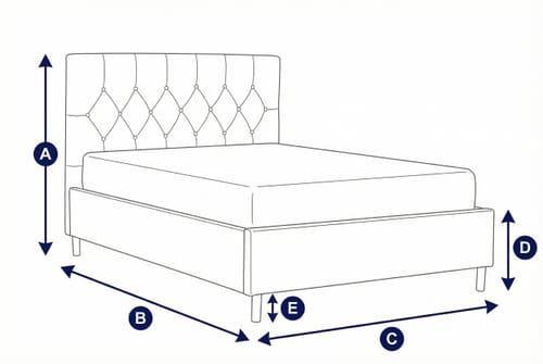 Diagram showing dimensions of the Loxley Grey Ottoman Bed with labeled height, width, and depth