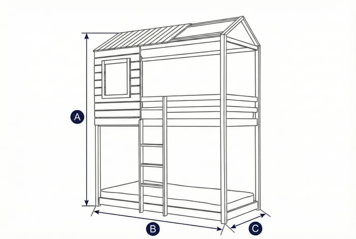 Diagram showing dimensions of the Adventure White Kids Bunk Bed with labeled height, width, and depth