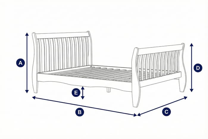 Diagram showing dimensions of the Belford White Bed with labeled height, width, and depth